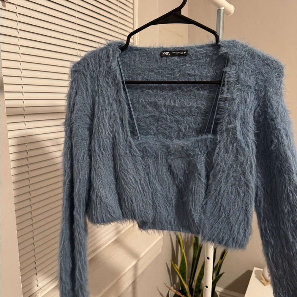 Zara Soft Blue Fuzzy Knit 2-piece Top